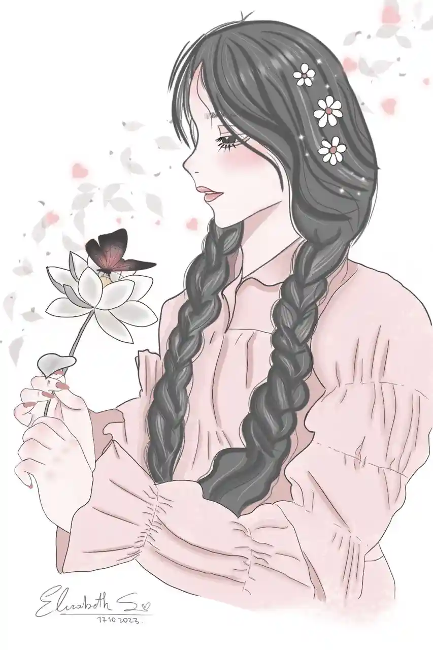 Ilustración de chica anime, bajo la frase el arte de apreciarlo todo, inmersa en los pequeños detalles de la vida, flor y mariposa, naturaleza, pétalos, hojas, magia, cottagecore, serena, sencilla, fondo blanco y color rosa, refleja amor.