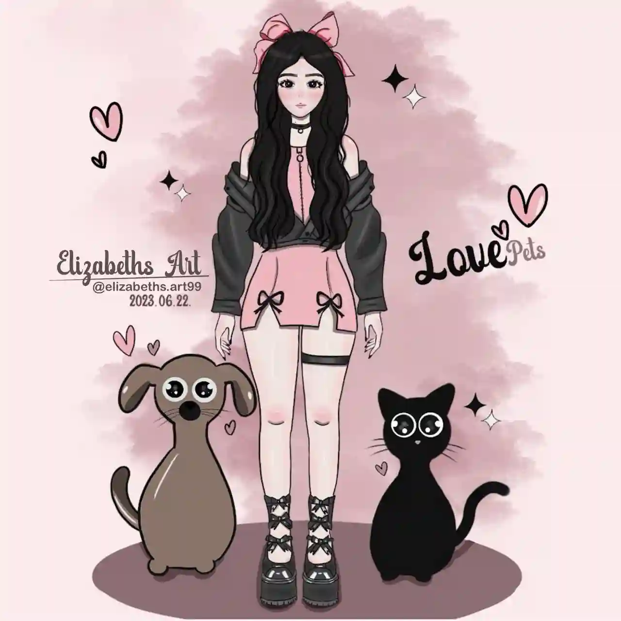 Ilustración digital de chica linda  con sus mascotas un perrito cafe y un gatico negro, los ojos de las mascotas son caricaturescos, kawaii, muy lindos ojos grandes y tiernos, la chica linda con vestido rosa y un moño rosa,  con un fondo rosa pastel muy claro y sutil.