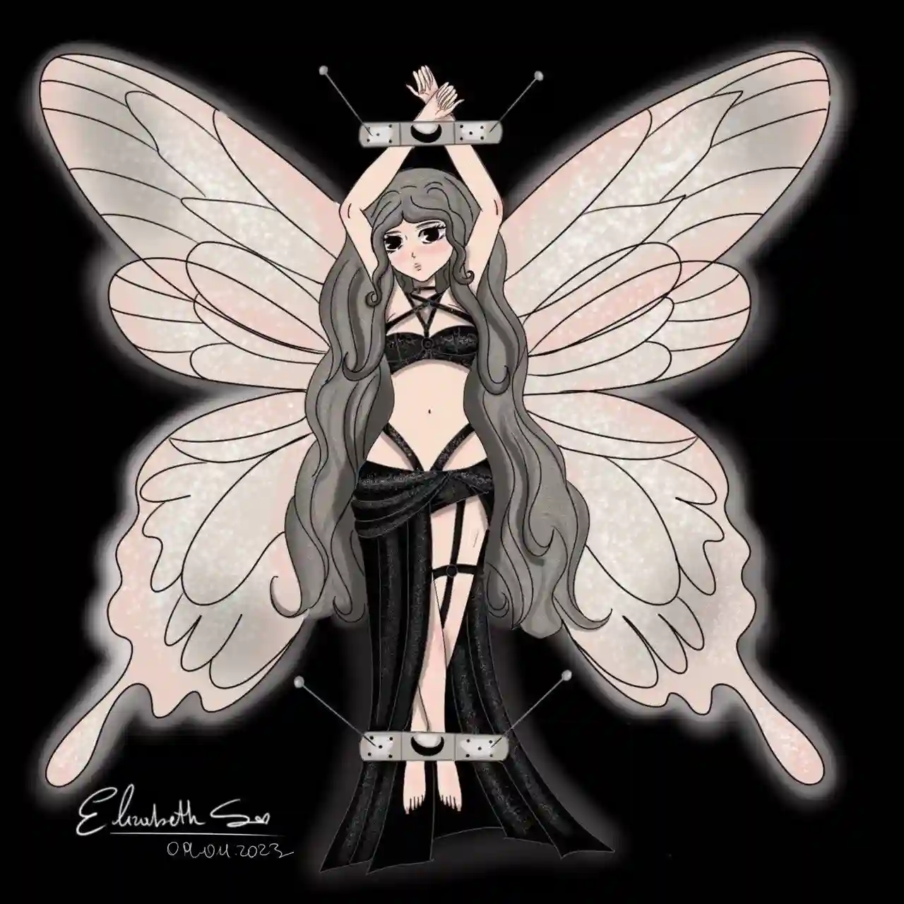 Dibujo digital, lustración de hada mariposa capturada, fondo negro.