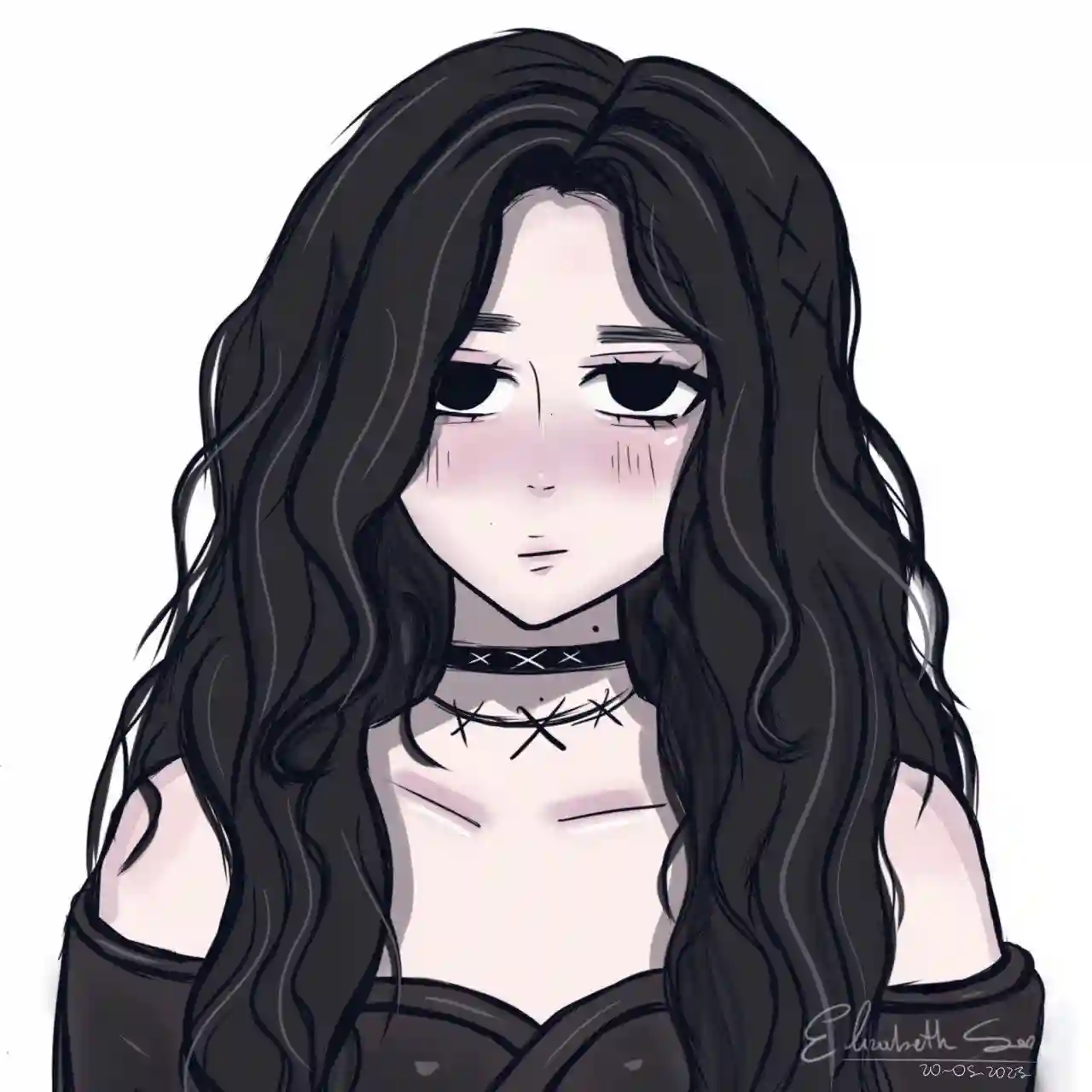 Dibujo digital chica anime introvertida, mirada profunda y apagada, ilustración.