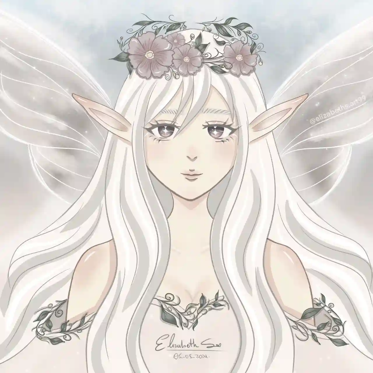 hada un ser de luz, elemental, amante de la naturaleza y mágica  con orejas de elfa y alas brillantes , cabello blanco celestial y etéreo , con ropita olgada llena de flores y cubierta de plantas , es tierna y adorable , semi humana.