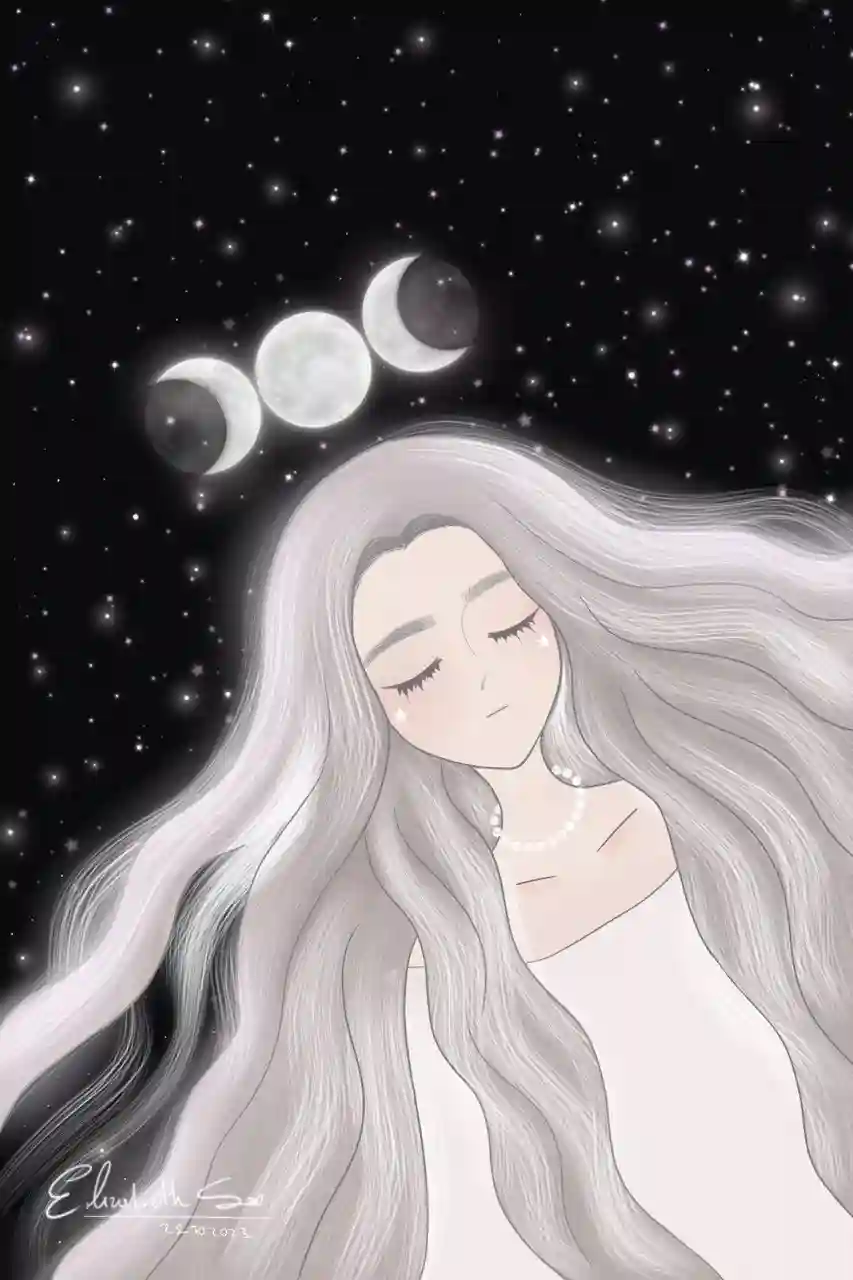 Ilustración de serenidad, paz y tranquilidad, inmersa en su propia, mente mundo u universo, bruja blanca, mágica, triple luna , estilo anime y caricaturesco, oscuro y tranquilo, estrellas y espacio.