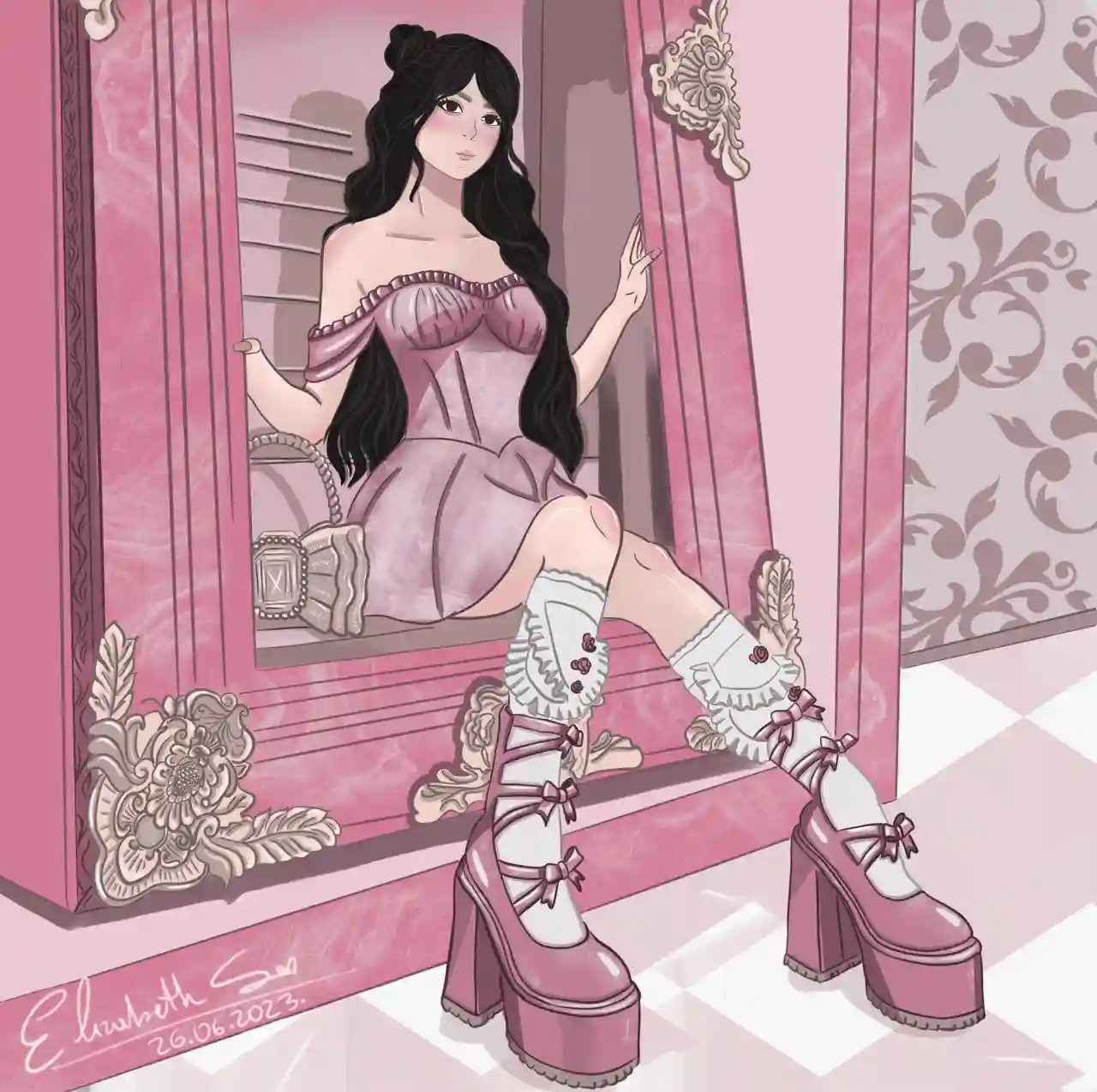 Chica amante del color rosa, posando como muñeca en una caja gigante. Su ropa es rosa, zapatos rosa, y fondo rosa  , es muy coquette, cute, linda y romántica, con bolsito de lujo, todo en ella es lujo.