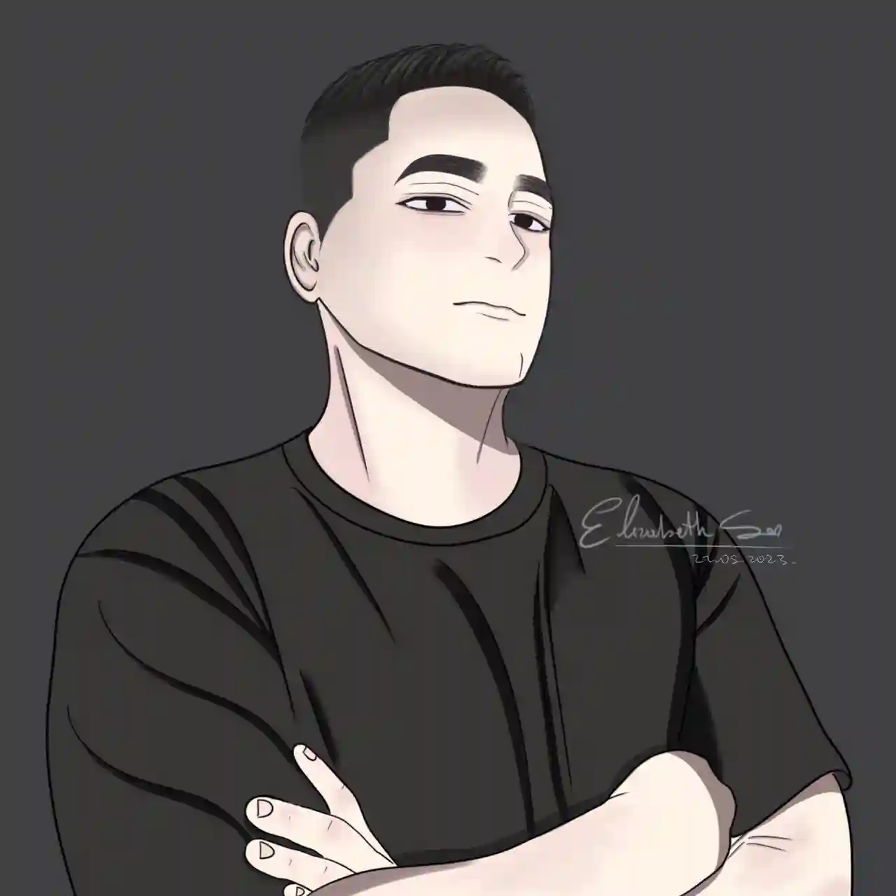Dibujo digital retrato estilo anime de chico , hombre, lindo, serio, camisa color negro y fondo gris oscuro.