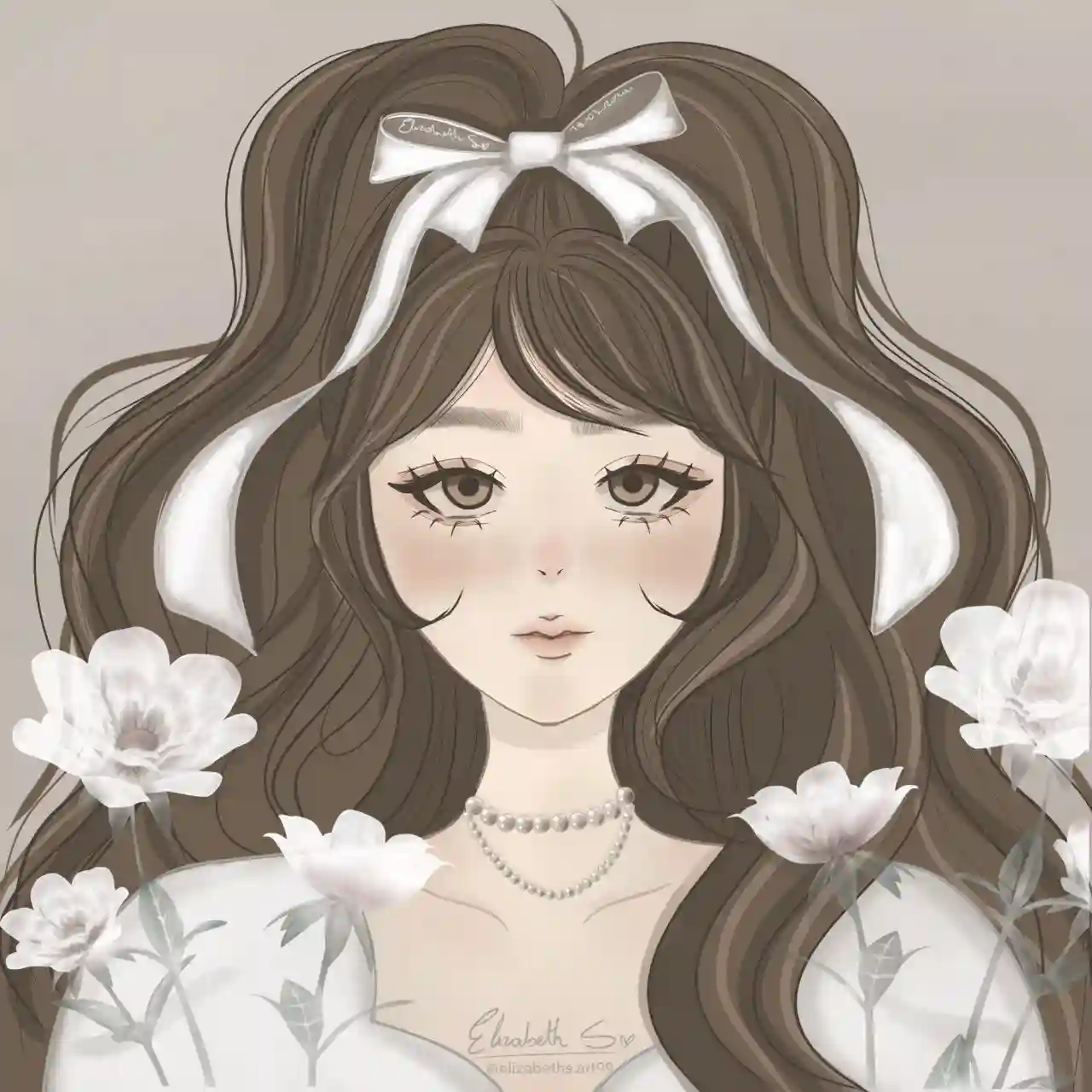 Chica estéticamente linda, estilo anime, con tonalidades neutras, sutiles, y claras, con colores como beige, blanco, grises claros, con laso en la cabeza , vintage, cottagecore, estética romántica.