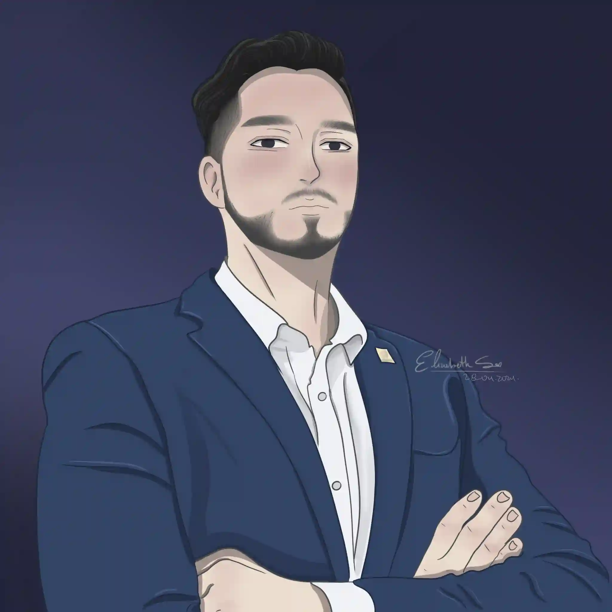 Dibujo digital, retrato estilo anime de hombre, elegante, serio y profesional, fondo azul.